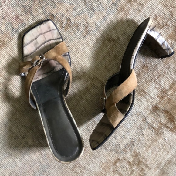 🛍️Square toe⚡️leather/faux croc slide neutral tan leather sandal sz 10 - Picture 2 of 6